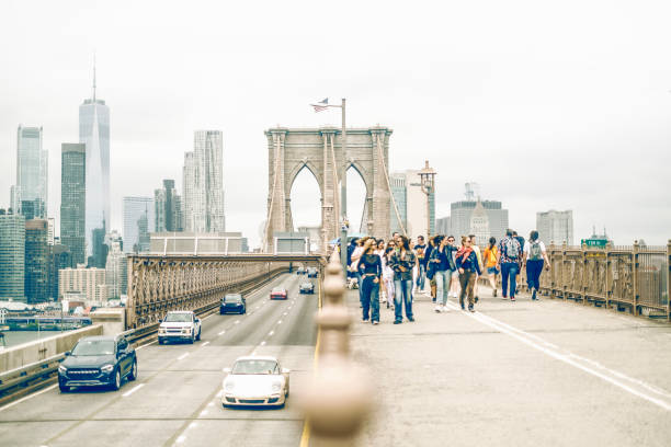 Vehicle Traffic on Brooklyn Bridge, New York City. stock photo