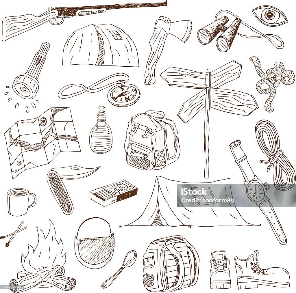 Camping equipment - doodles collection Set of camping and outdoor equipment - sketch style Drawing - Activity stock vector