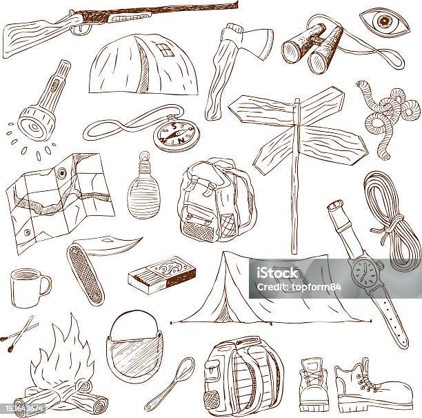 Camping Equipment Doodles Collection Stock Illustration - Download Image Now - Drawing - Activity, Forest, Map