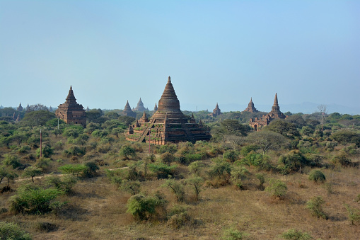 Beautiful view of the ancient buddhist pagodas in Bagan, Myanmar