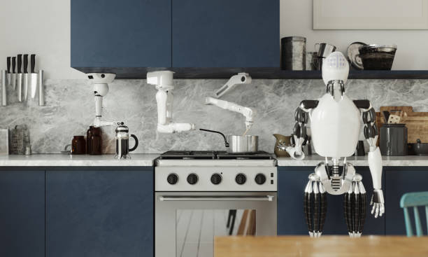 istock Domestic robot and robotic arms working in the kitchen 1536455777