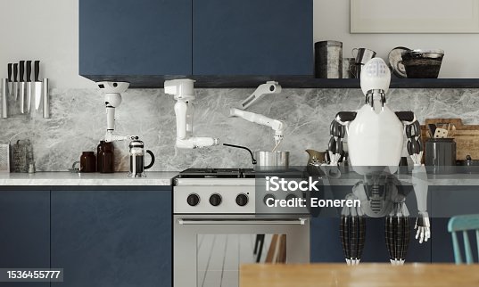 istock Domestic robot and robotic arms working in the kitchen 1536455777