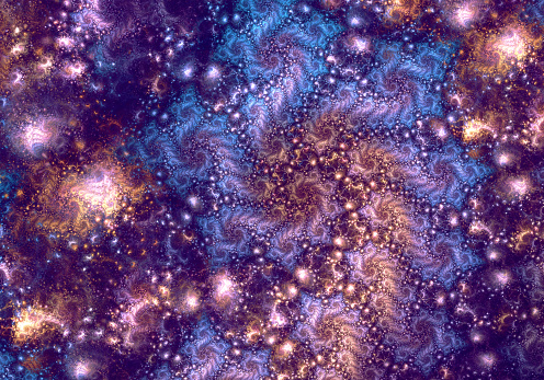 Abstract Kleinian fractal art of infinite spiral patterns with very detailed texture, which perhaps suggests galaxies in space.
