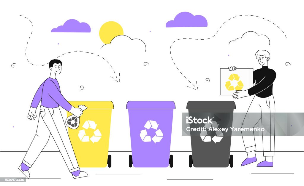 Sort Garbage People People Sorting Garbage Vector Line Concept Stock Illustration ...
