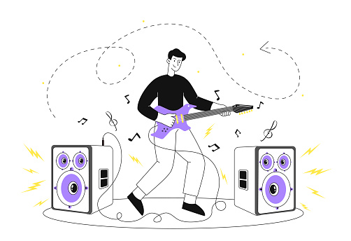 Man playing electric guitar line concept. Young guy with musicial instrument on stage. Live show or performance. Creativity and art. Rock and heavy metal. Linear flat vector illustration