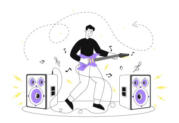 Vector illustration of Man playing electric guitar line vector concept