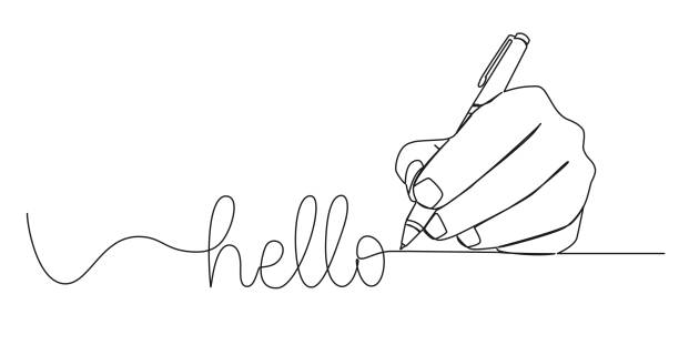 single line drawing of hand writing word HELLO with ballpoint pen continuous single line drawing of hand writing word HELLO with ballpoint pen, line art vector illustration hello stock illustrations