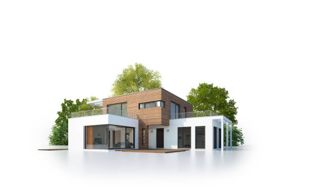 Isolated modern cubic house 3d rendering of an isolated modern cubic house cuboidal epithelium stock pictures, royalty-free photos & images