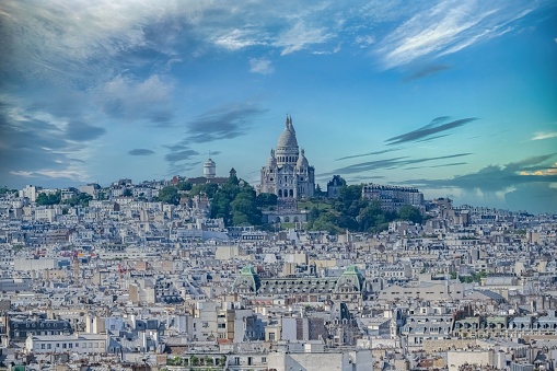 Paris, aerial view of the city, with Montmartre and the Sacre-Choeur basilica in the background