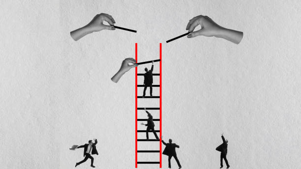 istock Contemporary art collage. Professional challenges. Ambitious employe. man climbing upwards stairs, reaching success 1536536926