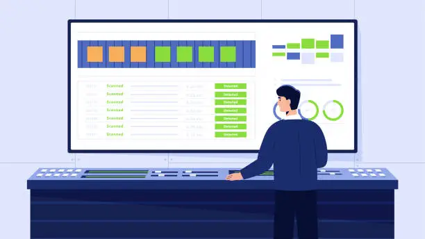 Vector illustration of Man at conveyor control panel vector concept