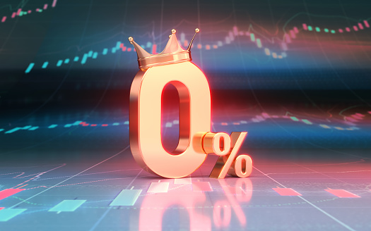 3d render King Crown Zero Percent Sign sitting on Finance chart (Depth Of Field)