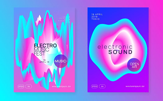 Music Flyer. Linear Electro Party. Gradient Background For Presentation Vector. Wave Glitch For Set. Sound And Nightlife Layout. Purple And Blue Music Flyer