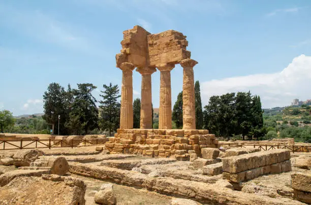 The re-assembled remains of the Temple of Castor and Pollux in Valley of the temples, Agrigento, Italy