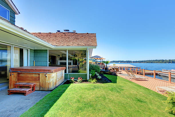 istock Lake water front with large deck and tub near the 153658693