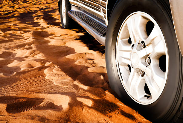 istock wheel of a car on the sand 153658760