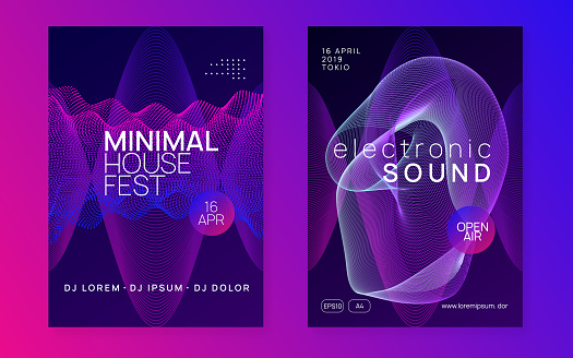 Music flyer. Energy concert banner set. Dynamic fluid shape and line. Neon music flyer. Electro dance dj. Electronic sound fest. Techno trance party. Club event poster.