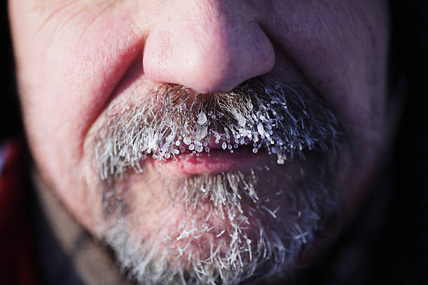 frozen gray beard and mustache close-up of the frozen gray beard and mustache frost face stock pictures, royalty-free photos & images