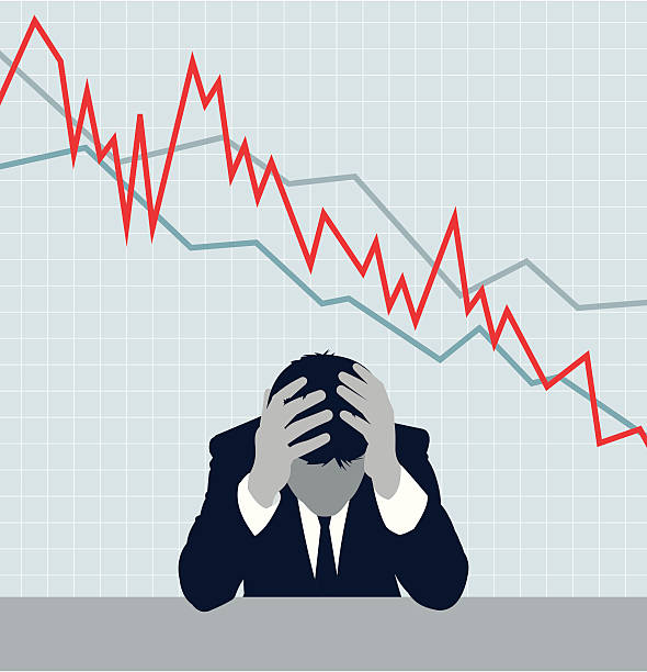 Recession A business man with a graph depicting a recession in the background.   humility stock illustrations