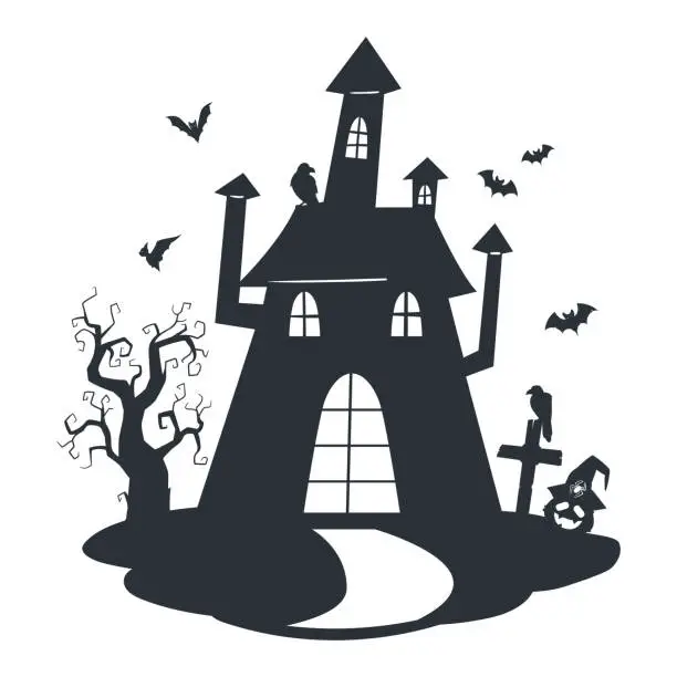 Vector illustration of Cartoon haunted house silhouette. Halloween spooky ghost house, creepy monsters haunted castle. Scary house with ghosts flat vector illustration