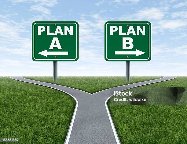 Cross Roads With Plan Aand B Road Signs Stock Photo - Download Image Now - Challenge, Decisions, Horizontal