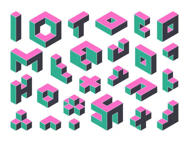 Vector illustration of Geometric shapes. Isometric game blocks, puzzle or mosaic logic game elements, constructor details 3d vector illustration set