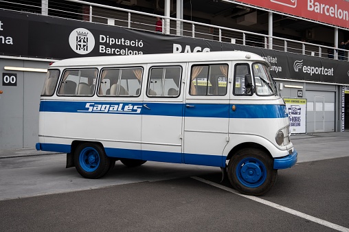 Montmelo, Spain – May 13, 2023: Old minibus mercedes benz model 319 of the Sagales company