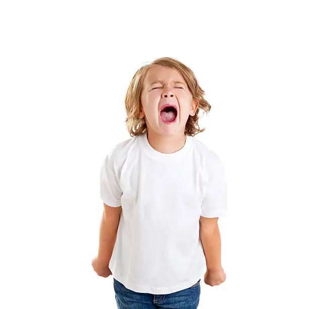 Photo of children kid screaming expression on white