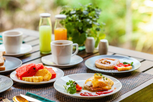 istock Morning breakfast table at tropical resort. 1536649562