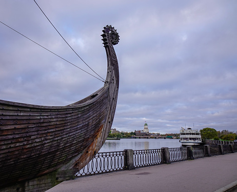 A Drakkar (Viking wooden boat) on the waterfront in Vyborg, Russia. Vyborg is 174km northwest of St Petersburg and just 30km from the Finnish border.