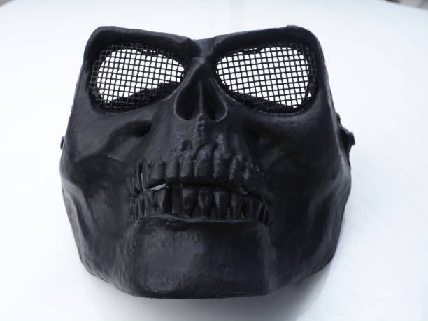 Black plastic skull on a white background. Close-up.