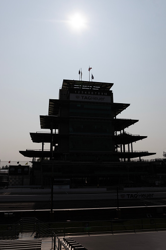 Indianapolis - Circa May 2023: IMS Pagoda silhouette at Indianapolis Motor Speedway. The Pagoda is one of the most recognizable structures at IMS.
