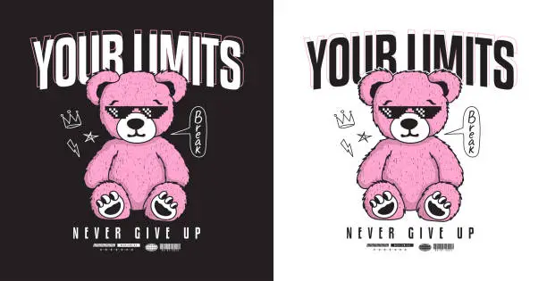 Vector illustration of Pink teddy bear in pixel sunglasses and slogan for t-shirt design. Tee shirt with cartoon pink bear toy in cool pixelated sunglasses. Apparel print design.