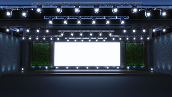 3D render of Empty stage Design for mockup and Corporate identity, Free stage with lights