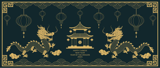 frohes chinesisches neujahr 2024 . sternzeichen. goldener drache auf rotem hintergrund. neujahrshintergrund - chinese new year 2024 stock-grafiken, -clipart, -cartoons und -symbole