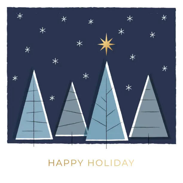 Vector illustration of Holiday Card with Christmas Trees. Minimal Style.