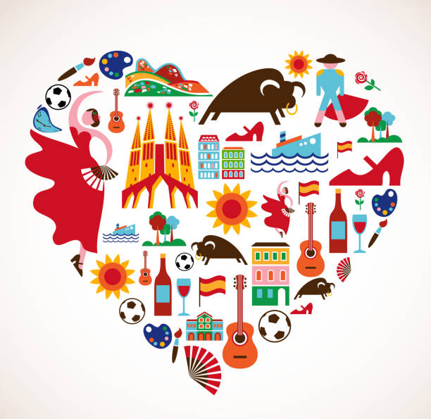 ilustraciones, imágenes clip art, dibujos animados e iconos de stock de amor españa-corazón con set de iconos vectoriales - barcelona spain antonio gaudi sagrada familia