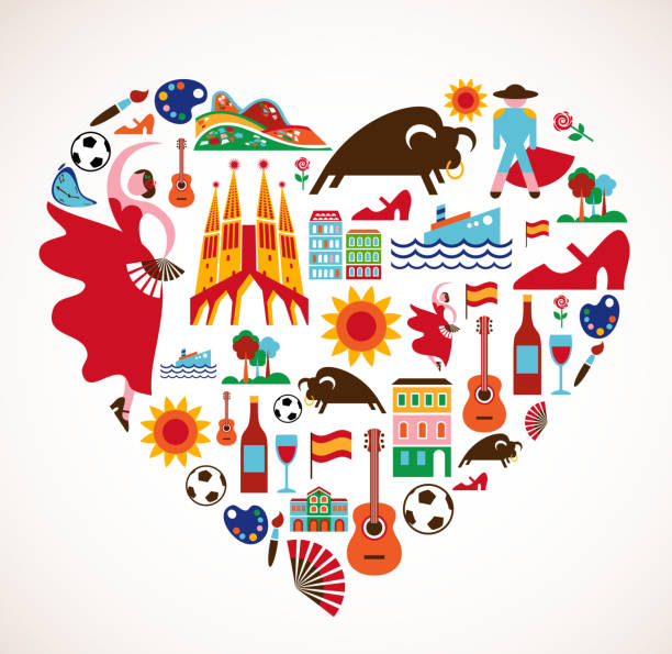 Spain Love - heart with set of vector icons Spain Love - heart with set of vector illustration spanish culture illustrations stock illustrations