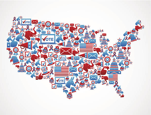 ilustraciones, imágenes clip art, dibujos animados e iconos de stock de usa elecciones conjunto de iconos de mapa nacional - map usa election cartography