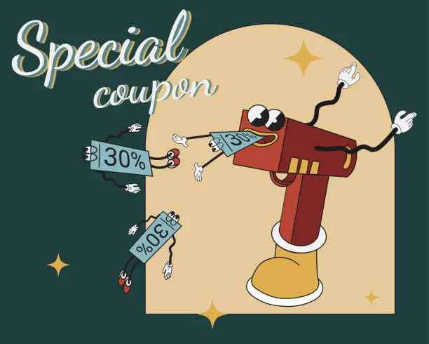 Vector illustration of special coupon, Retro Style Groove Character Retro Character Mascot Vintage Retro Coupon Gun Coupons Banner Postcard Poster