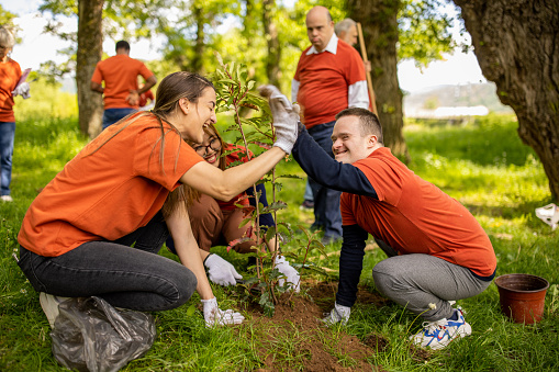 Group of volunteers including people with down syndrome planting trees in a forest