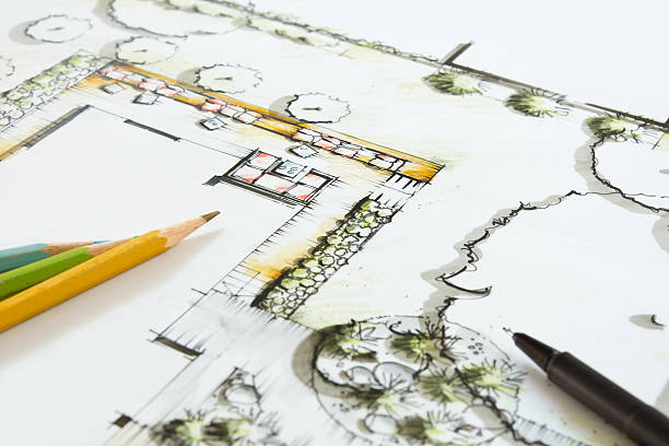 Landscape graphic Drawing Landscape Architecture - Blueprint for a private Garten. Crayons and Pen lying on the Plan. Idea and Drawing is my own Work (Andreas Krappweis Private Gardens), Building, Ground and Garden is fictitious. formal garden stock pictures, royalty-free photos & images