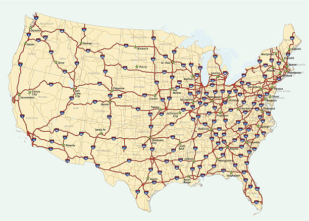 United States of America Map Map of the 48 conterminous United States with Interstate system (labeled).  There are also US routes (not labeled).   Each state is outlined and labeled.  Also includes state capitals (labeled) and major lakes. road map stock illustrations