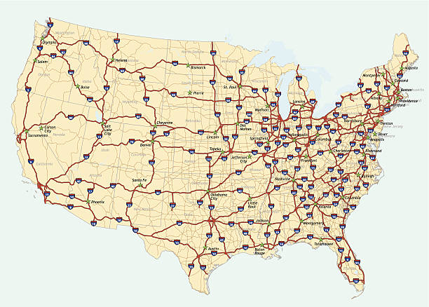 United States of America Map Map of the 48 conterminous United States with Interstate system (labeled).  There are also US routes (not labeled).   Each state is outlined and labeled.  Also includes state capitals (labeled) and major lakes. american interstate stock illustrations