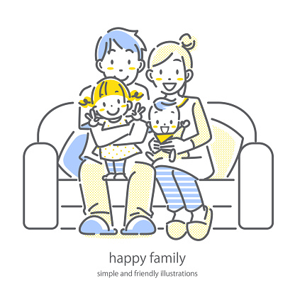 happy family and home, line illustrations