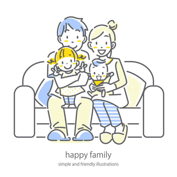 happy family sitting on the sofa, line illustrations happy family and home, line illustrations family reunion clip art stock illustrations