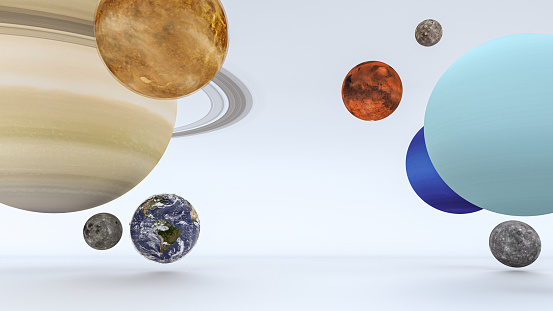 Abstract composition with balancing levitating Planets sphere on a white background. 3D illustration in a clean minimalist style. Wallpaper art. Trendy cover or banner design template.