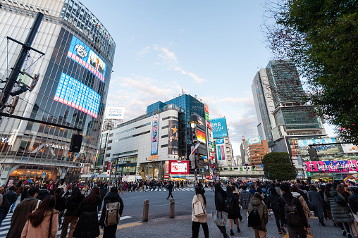Tokyo, Japan - January 9, 2020. Exterior of the busy streets of Tokyo, near the famous Shibuya Crossing.