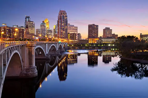 Image of Minneapolis downtown skyline at sunset.