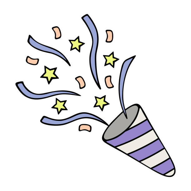 Colored ribbons, serpentine and stars fly from the cracker with a spiral purple and white pattern. Clapperboard. Colored ribbons, serpentine and stars fly from the conical shape. Hat with a spiral purple and white pattern for a birthday. Color vector illustration. Cartoon style. Isolated background. Idea for web design. coil tubing stock illustrations